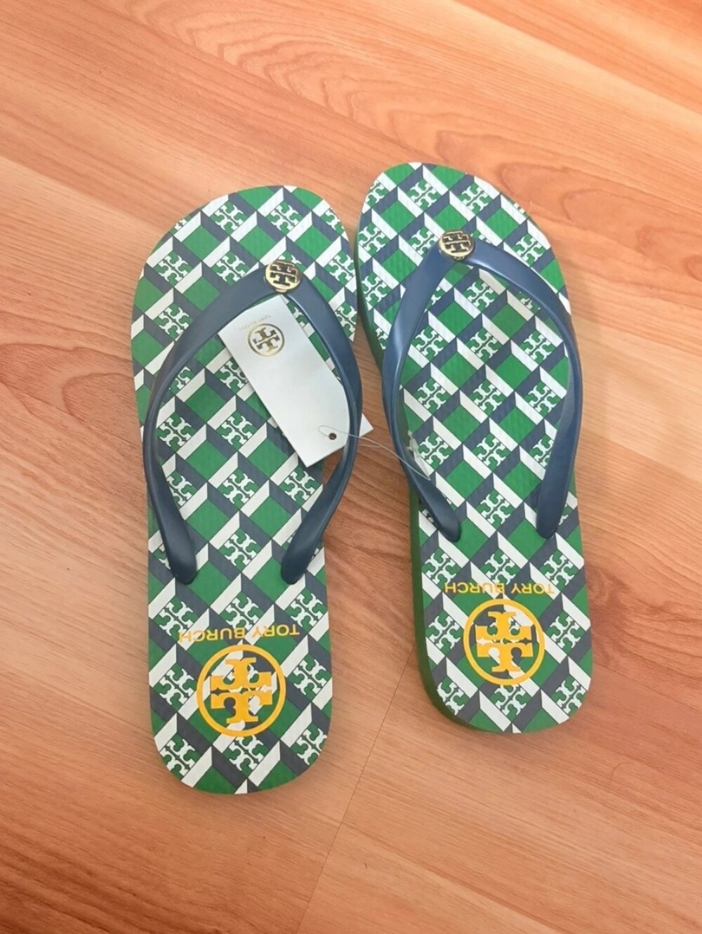 Tory Burch Womens Green & Navy Logo Pattern Flip Flops US7 NWT